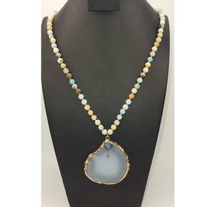 Agate Gold-plated Pendant Beaded Necklace w/ Leather Strap 17"